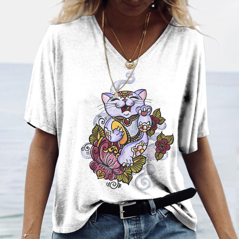 2025 Summer New 3D Cat Print Tee Loose Retro Women's V-neck Short Sleeved Street Style T-shirt Casual Top