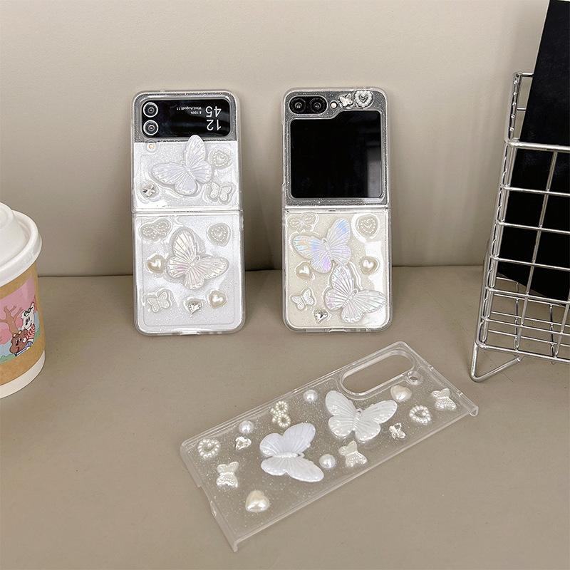 

For Samsung Love Butterfly Pearl Rhinestone Mobile Phone Case Zflip6 Clamshell Folding Screen Zfold5 Transparent Female For Samsung ZFlip3