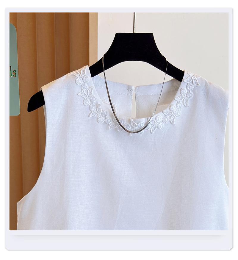 Summer 2025 Women's Chinese Style White Lace Cotton Linen Vest & Shorts Set