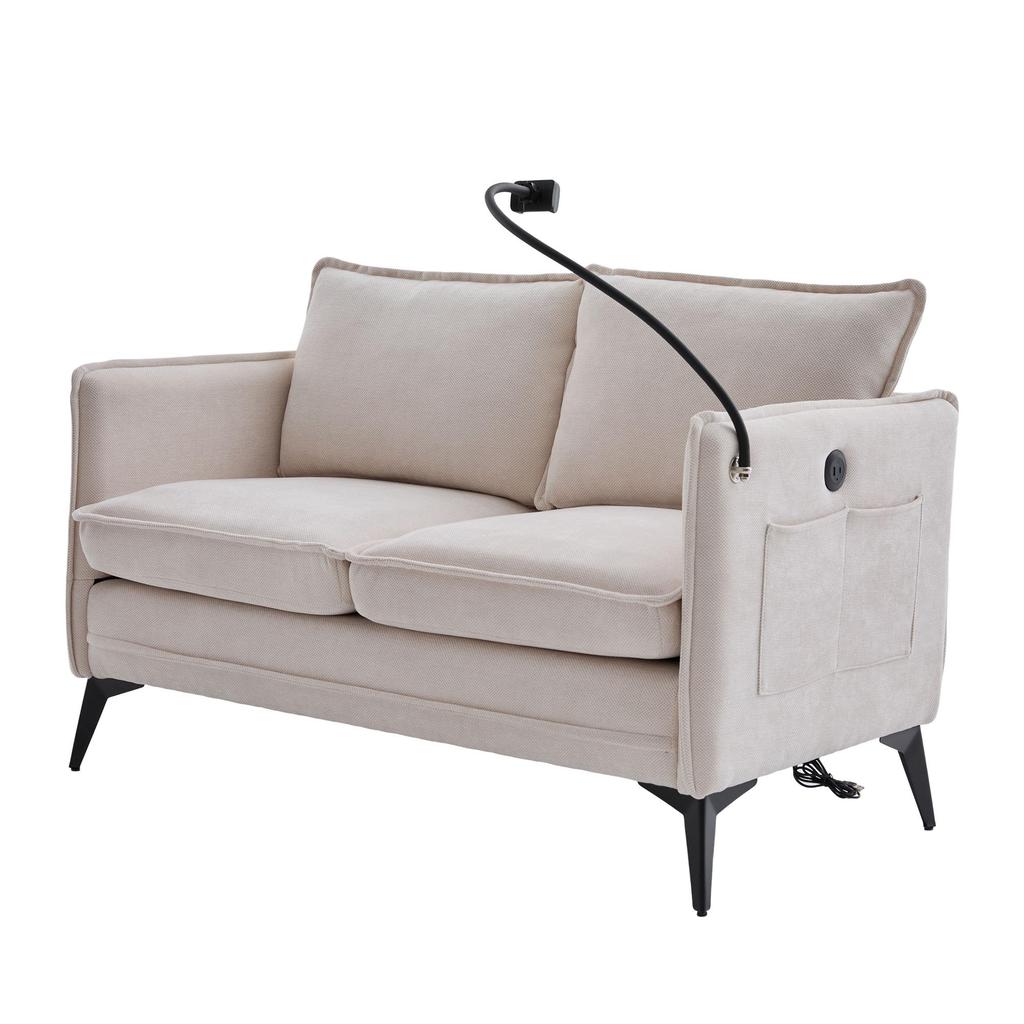 Modern double-sofa small fabric sofa armchair with storage side pockets and adjustable phone stand