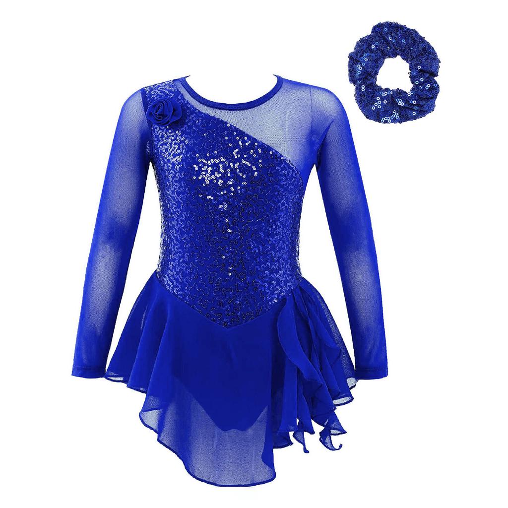 Vestido de Baile para Niñas Manga Larga Escote Redondo Decoración de Lentejuelas Flor Delantera Espalda Hueca Traje de Actuación