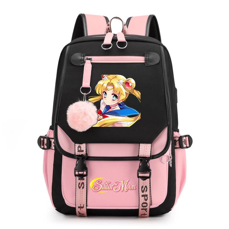 Sailor Moon Cute Anime Printed Student School Bag USB Interface Large Capacity Canvas Bag Computer Bag