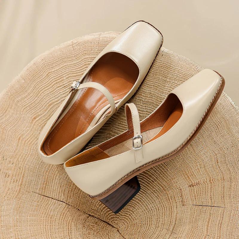 Fashion 2024 Trend Spring Women's Shoes Square Toe Chunky Heel Shoes Women Genuine Leather Low Heel Women Pumps Solid Retro Mary Janes