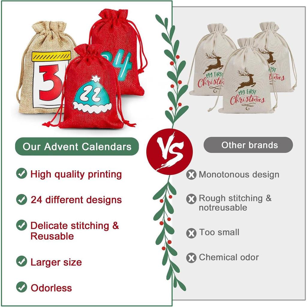Weihnachts-Countdown-Taschen Weihnachtsdeko 24-Tage Füllbare Leere Kordelzugtaschen Mit Nummern Für Hochzeit Feiertag Geburtstag