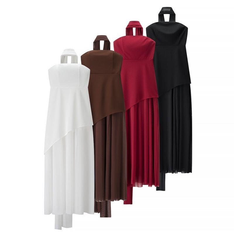 Spot Women's New Fashion Lace-up Scarf Tube Top Mesh Splicing Pendulum Dress