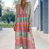 Bohemian Spring Summer Women Casual Dress Geometric Print Maxi Dress with V Neck Lantern Sleeves Loose Female Clothes