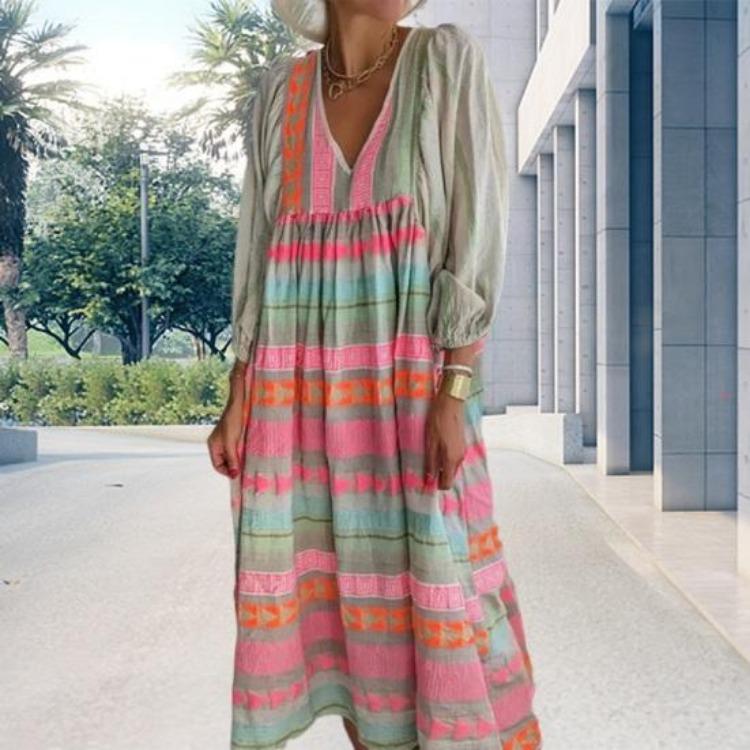 Bohemian Spring Summer Women Casual Dress Geometric Print Maxi Dress with V Neck Lantern Sleeves Loose Female Clothes