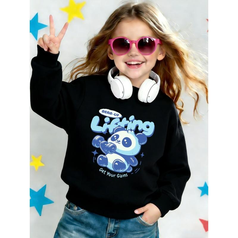 Cute Panda Print Pattern Girls' Spring Lightweight Crew Neck Sweatshirt, Comfortable Outdoor Wear Choice for Ages 0-3