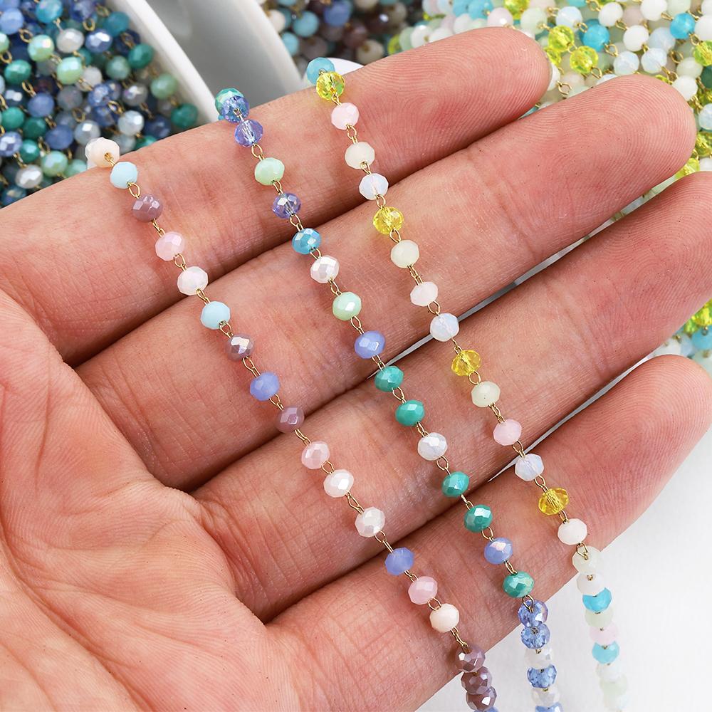 1meter 3.6mm Stainless Steel Chain Crystal Stone Beaded Chain Gold Color Coloful Beading Chains for Necklace Jewelry Making DIY