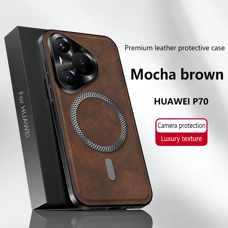 For Huawei Pura 70 P70 Case Magnetic Elegant Leather Wear-Resistant Lens Fully Covered Non-Slip Grip Edge Cover Shell