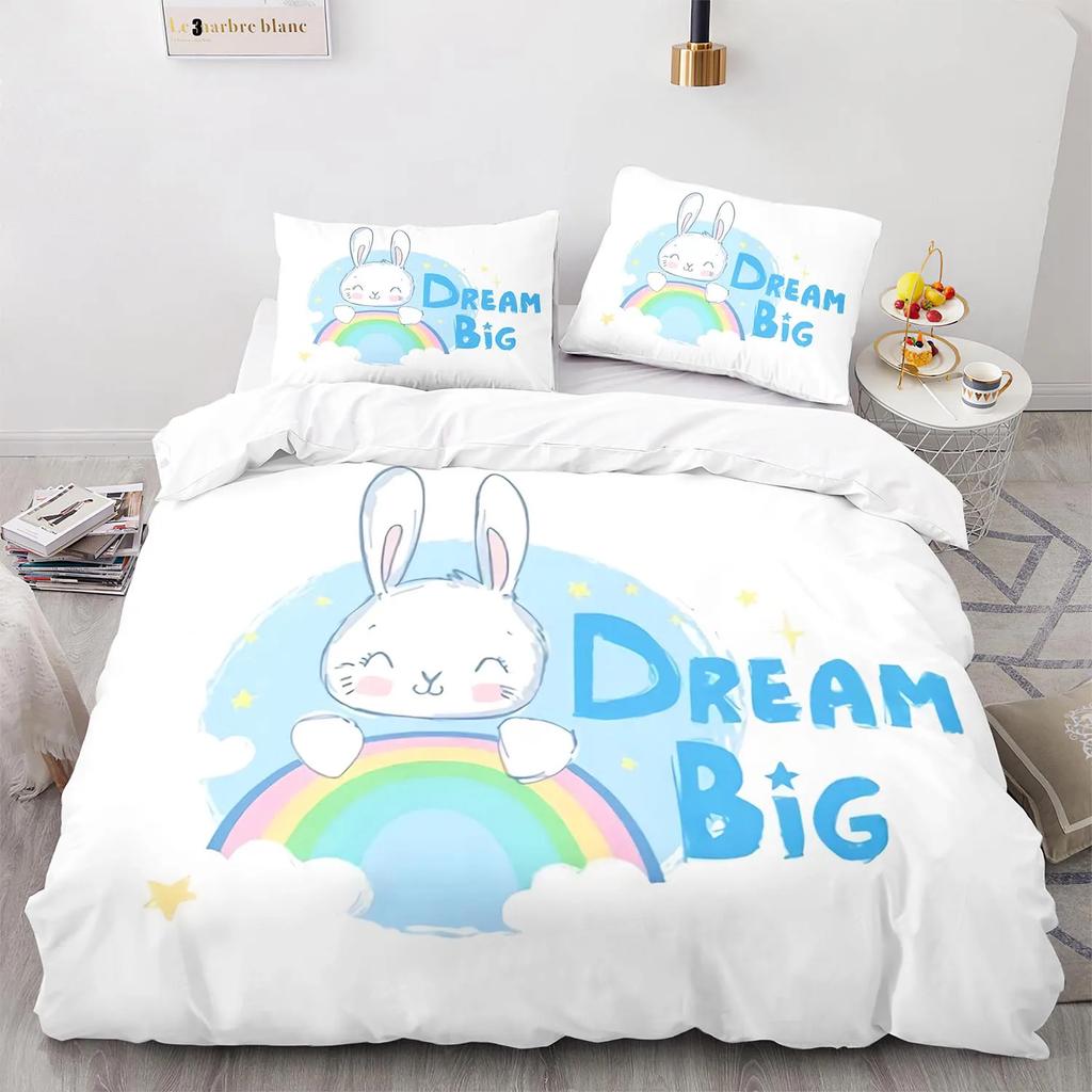 Rabbit Rainbow King Queen Duvet Cover Cartoon Animals For Children Boys Girls Easter Green Polyester Quilt Cover Bedroom Decor