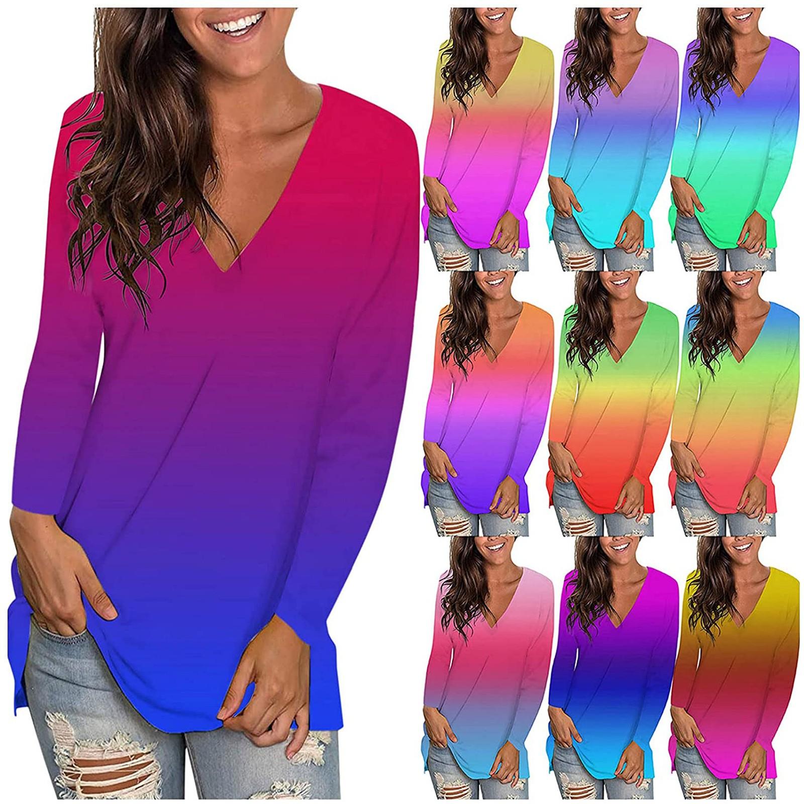 

Fashion Women s Loose Gradient Long Sleeve V-Neck Loose Version Split T-Shirt