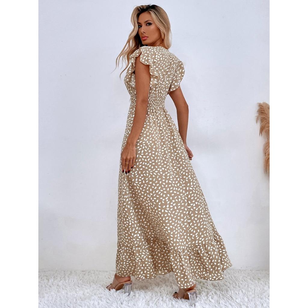 Spring and Summer V-neck Cinched Waist Long Dress, Ruffled High-waisted Dress for Women