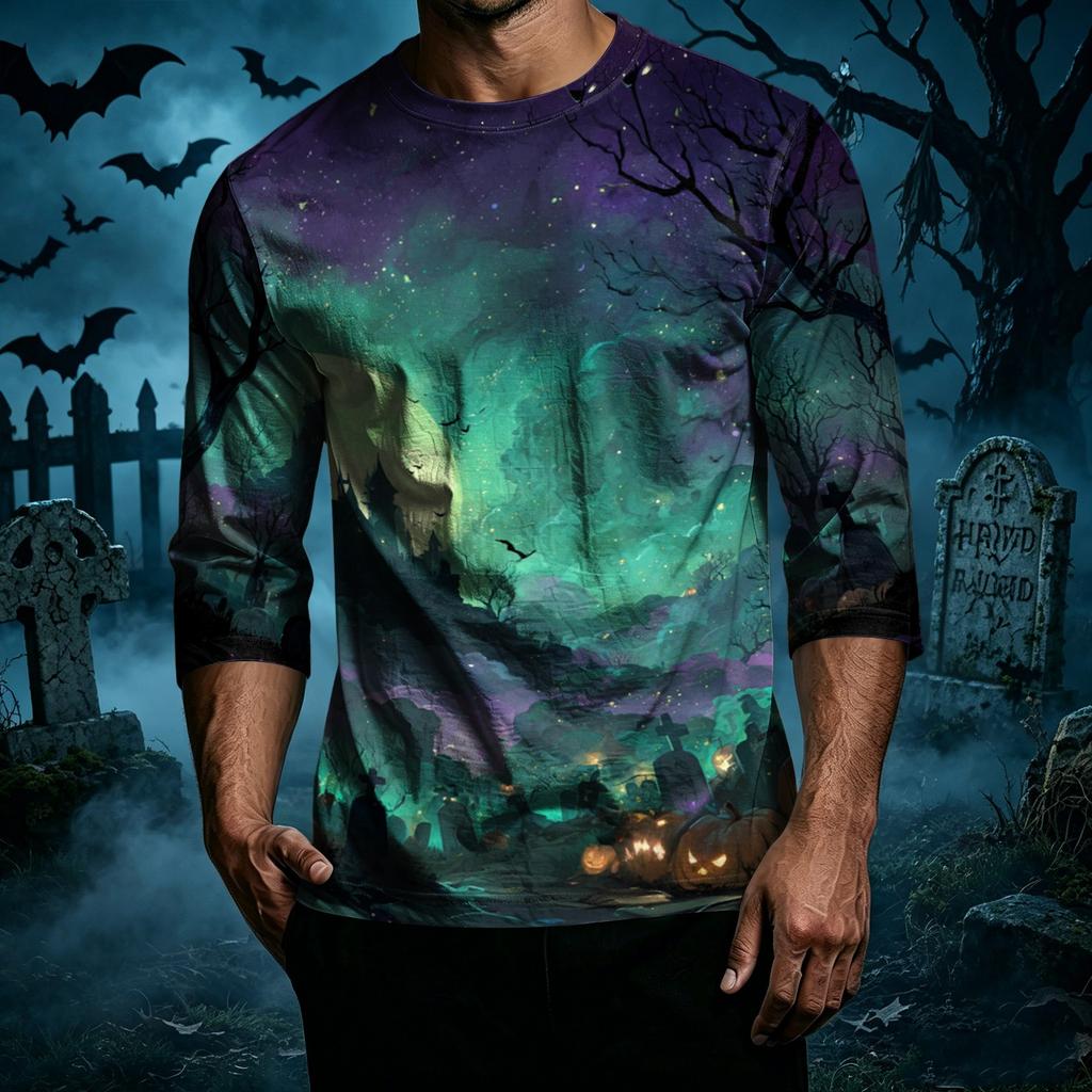 Men's Casual Halloween Print Crew Neck T Shirt Three Quarter Sleeve Top with Graphic Design for Seasonal Wear