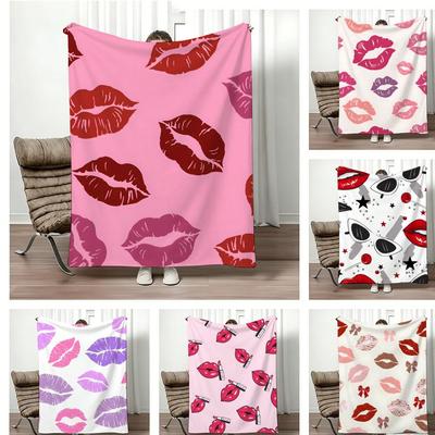 Artistic Pattern R-Retro Red Lips Sunglasses Throw Lightweight 240g Flannel Blanket Soft Skin-friendly for Summer Cooling