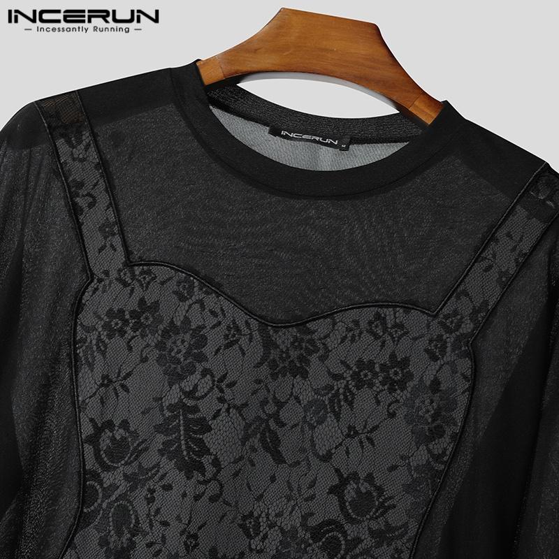 INCERUN Men O Neck Short Sleeve Funny Lace Patchwork Mesh Sheer Loose T-shirts Tee