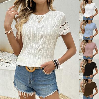 Spring Summer Women's Fashion Crew Neck Hollow Out Short Sleeve T-shirt Top, Casual Daily Tees for European American, Crossbody New Arrival