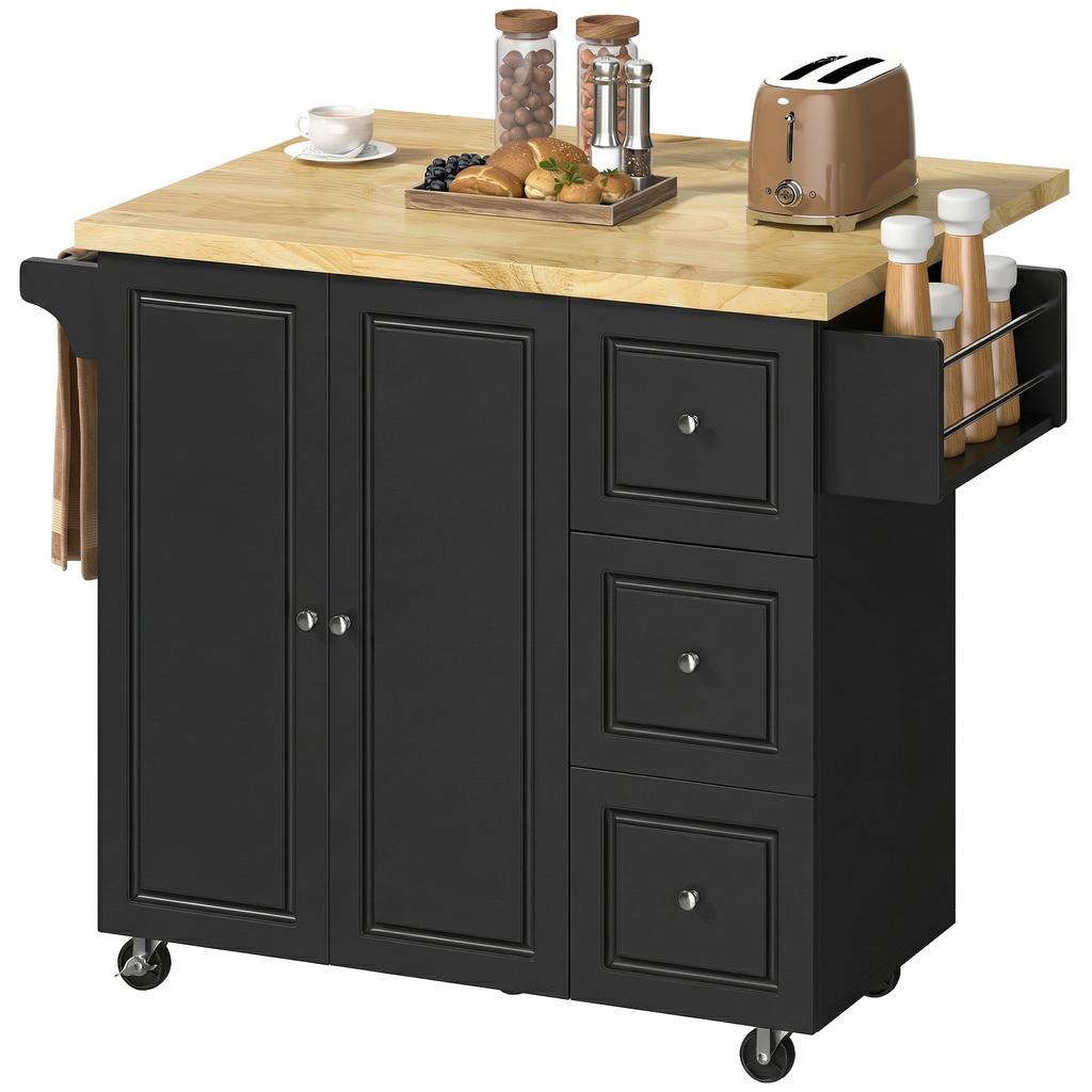 Kitchen Island on Wheels, Rolling Kitchen Storage Trolley with Drop Leaf, Drawers, Towel and Spice Rack, Black