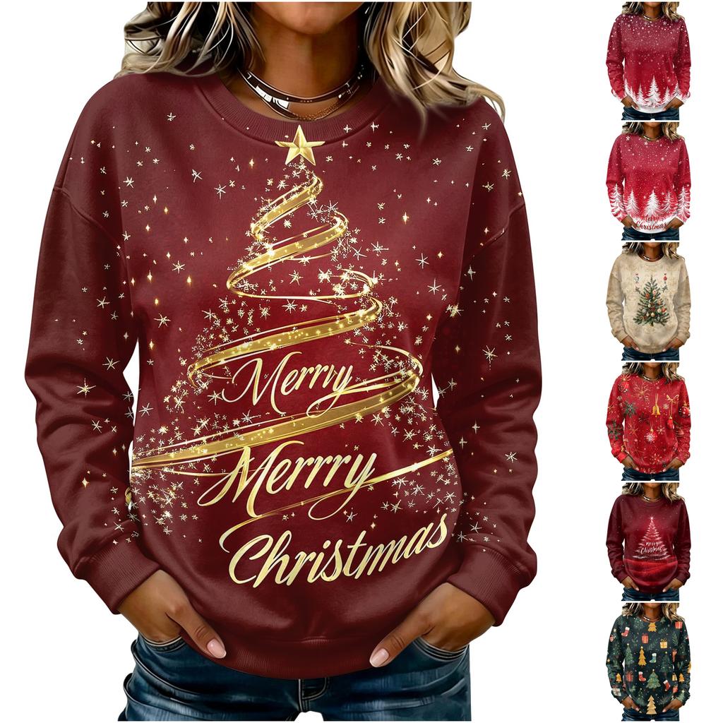 Women's Casual Long Sleeve Christmas Graphic Crewneck Sweatshirt Pullover Top for Holiday Wear
