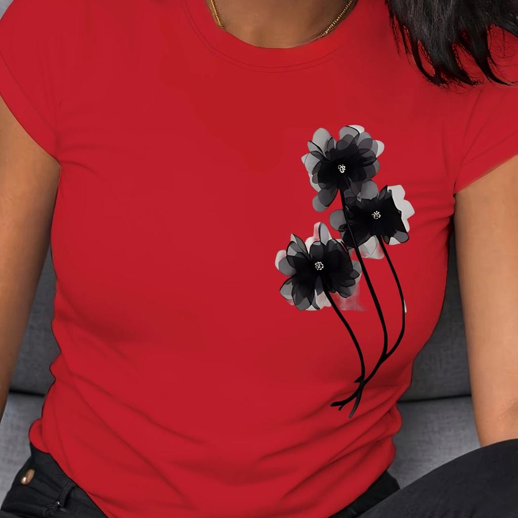 Summer Round Neck Flower Pattern Printed Top Fashionable Casual Pure Cotton Short Sleeved Women's T-shirts