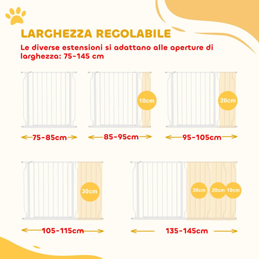 Steel and ABS Dog Safety Gate, Extendable 75-145cm for Stairs and Doors, White