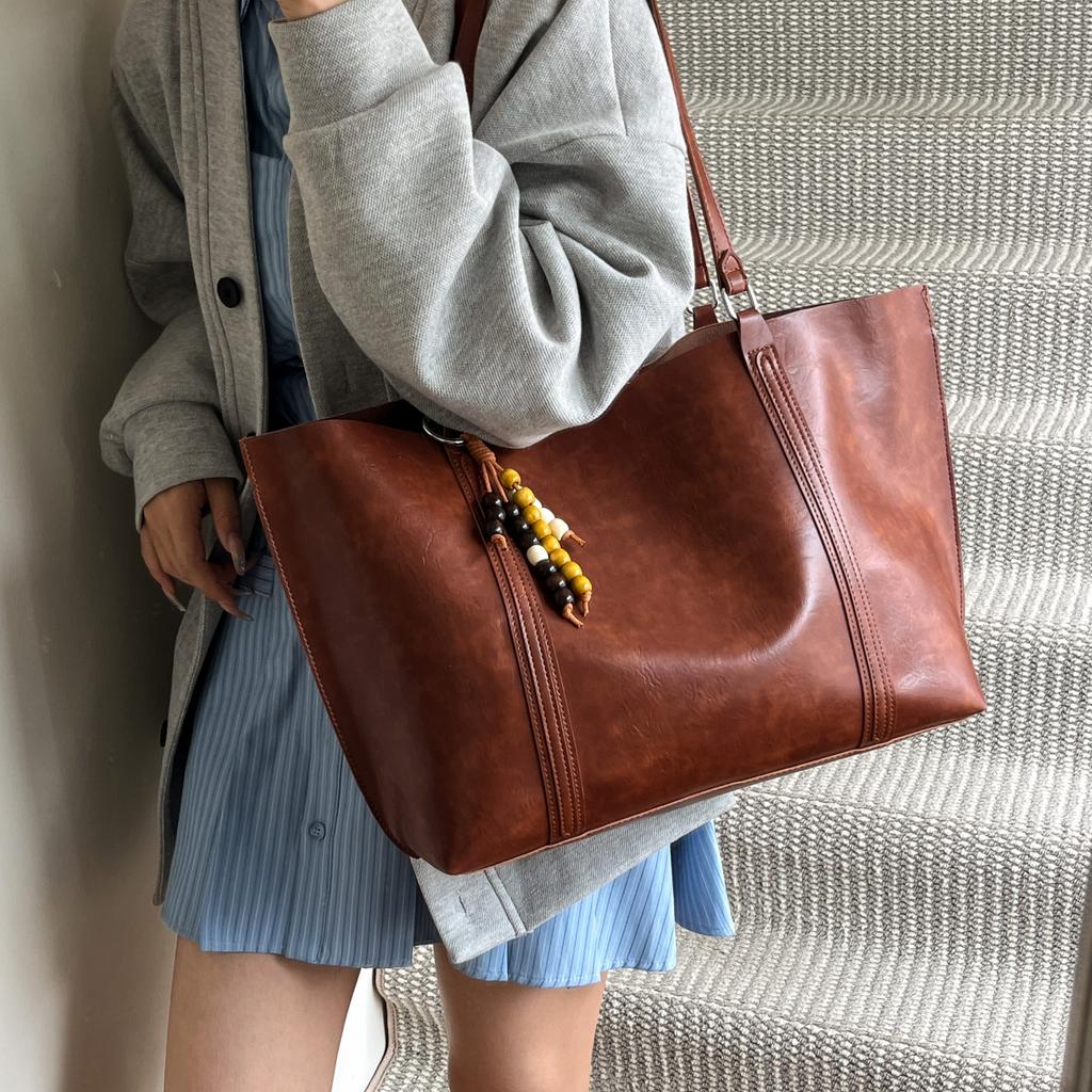 Vintage Large Capacity Tote Bag Women Retro Pu Leather Shoulder Bag Coffee Brown Black Handbag Ladies Commute Laptop Bag Travel