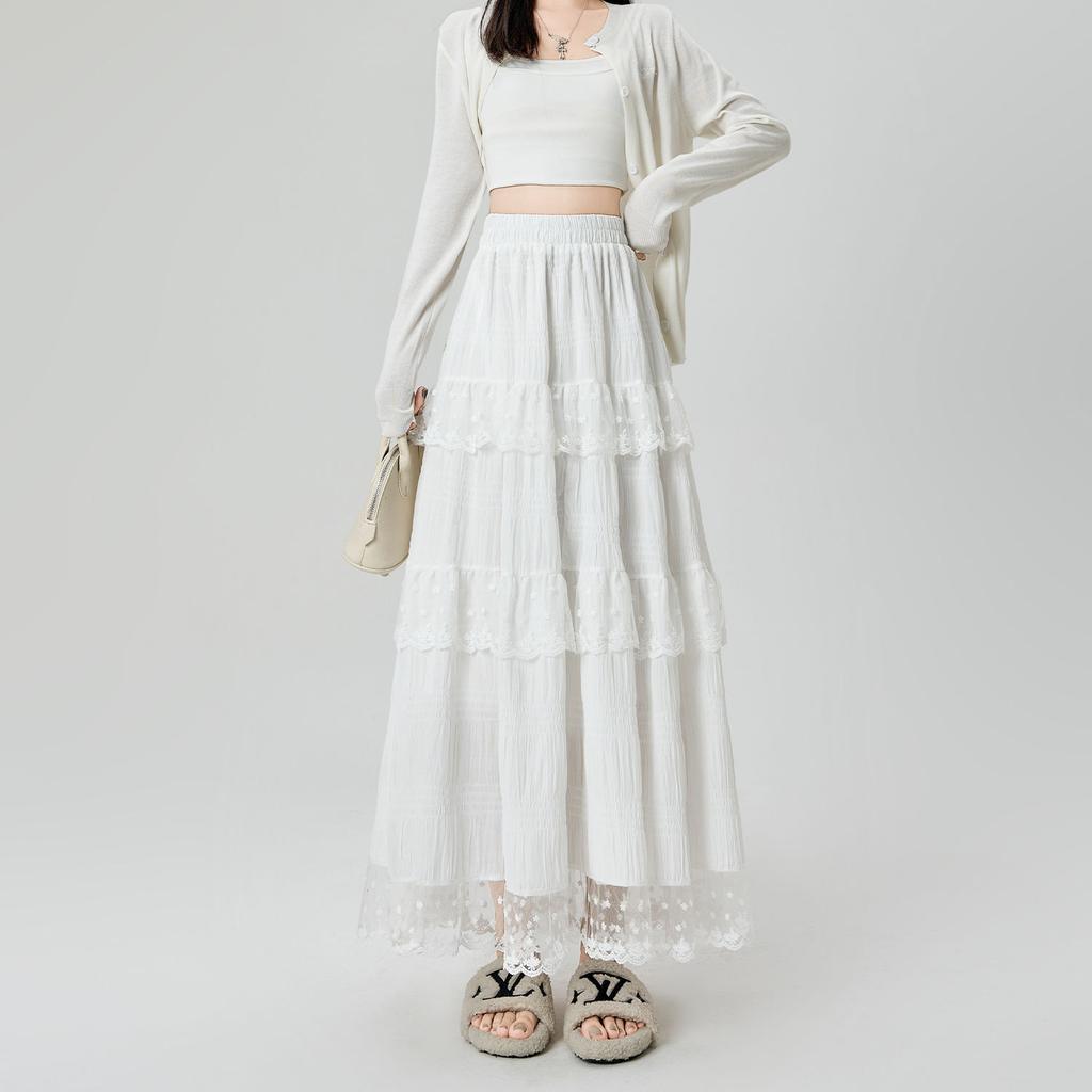 Women's Spring French Sweet White Lace-Trimmed Tiered Cake Skirt - High-Waist Flared A-Line with Design-Forward Details