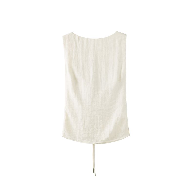 

Designer plus Cool Linen Tencel French Style Swing Collar Halter Top Open Back Shoelace Sleeveless Vest Flaxen S