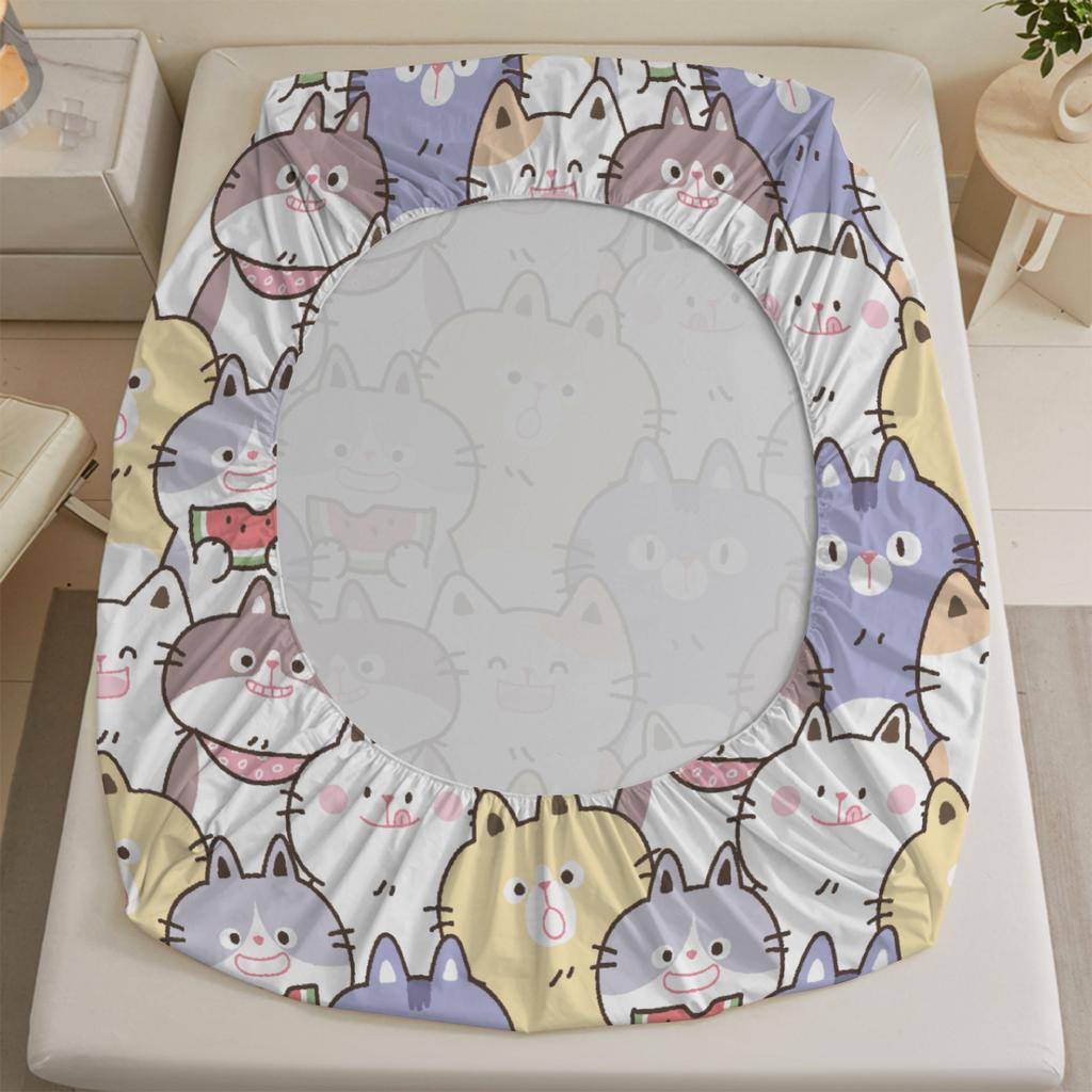 3pcs Fitted Sheet Set Cute Cat Faces Pattern Print Wrinkle Resistant Bed Sheet With Pillowcases For Bedroom Decor