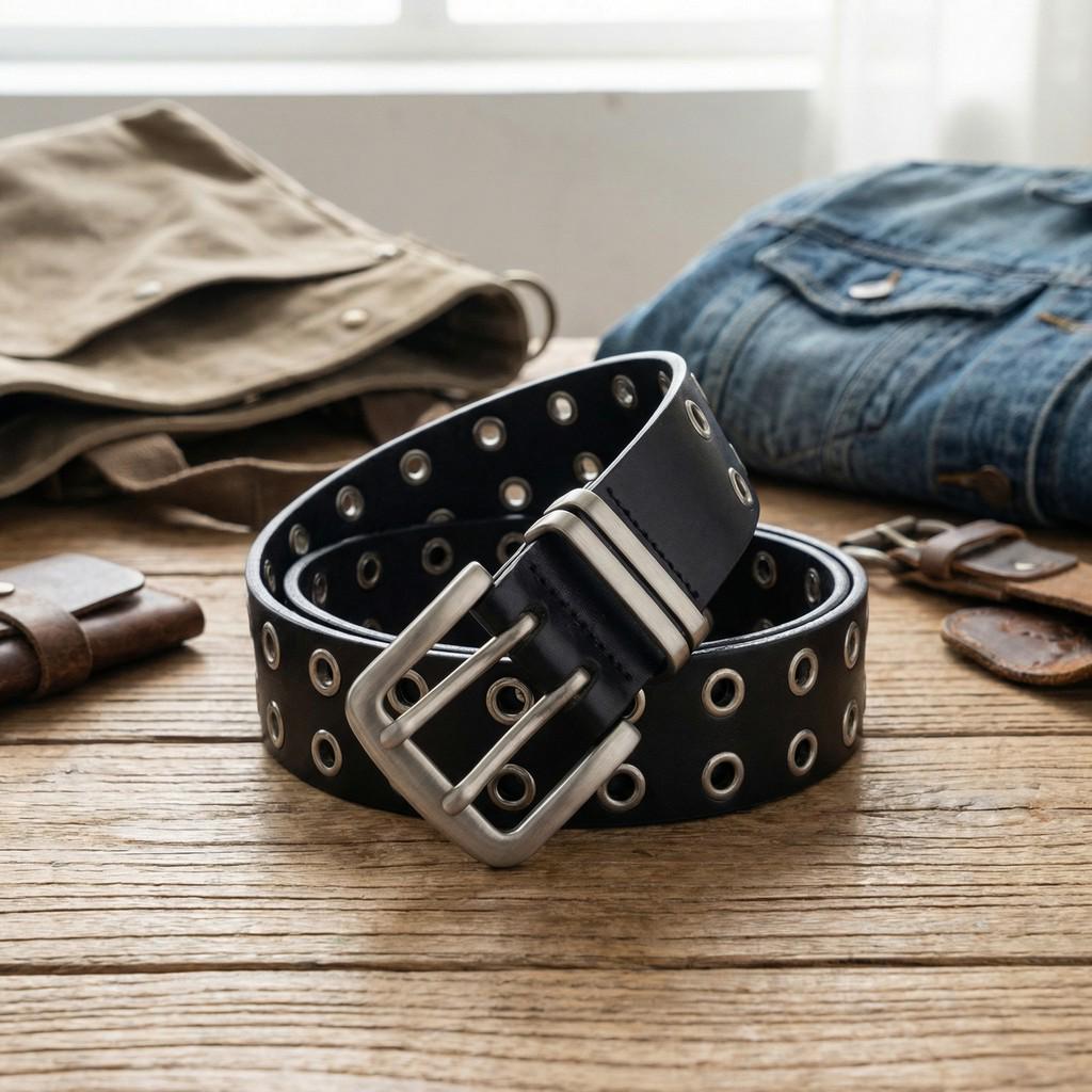 American Retro Punk Star Leather Belt with Rivet and Metal Buckle - Unisex INS Style 125 cm