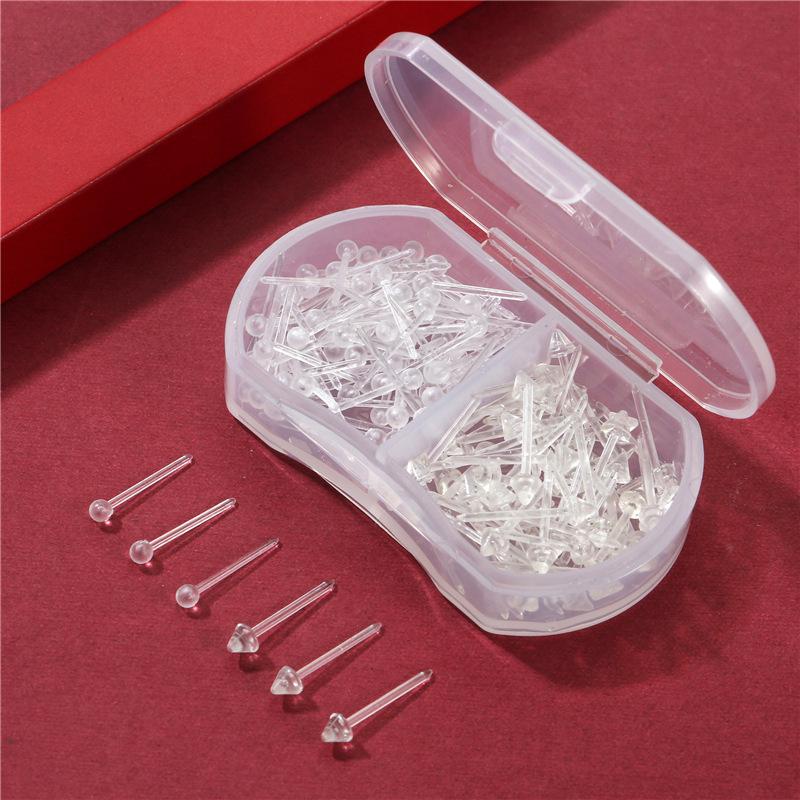 Transparent Ear Piercing Studs with Backs, 2-Compartment Box for Healing Women’s Earrings, Plastic Sticks