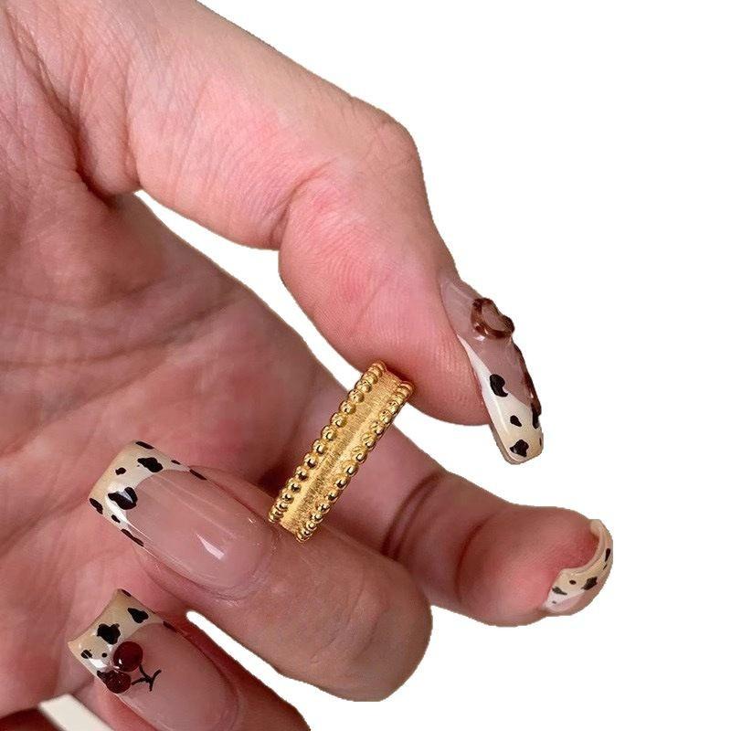 Gold Medieval Brushed Bead Edge Ring Women'S Lamp Luxury High-End Sense Niche Bauhinia Gypsy Exquisite Open Ring