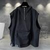 Men Summer Vest Hooded Zipper Half Placket Sleeveless Hip Hop Style Vest Jacket Solid Color Quick-Drying Large Pockets Waistcoat
