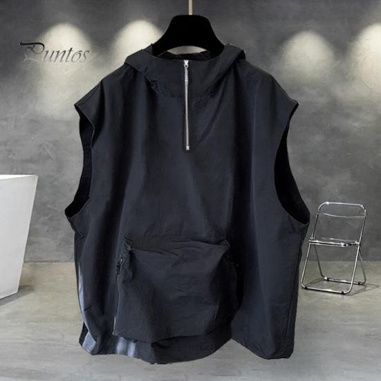 Men Summer Vest Hooded Zipper Half Placket Sleeveless Hip Hop Style Vest Jacket Solid Color Quick-Drying Large Pockets Waistcoat