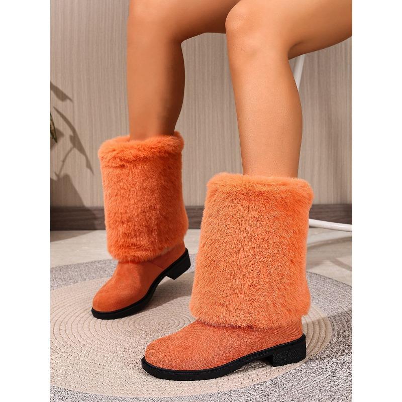 Women's Plus Size New European American Style Furry Patchwork Chunky Heel Round Toe Western Cowboy Knee High Boots
