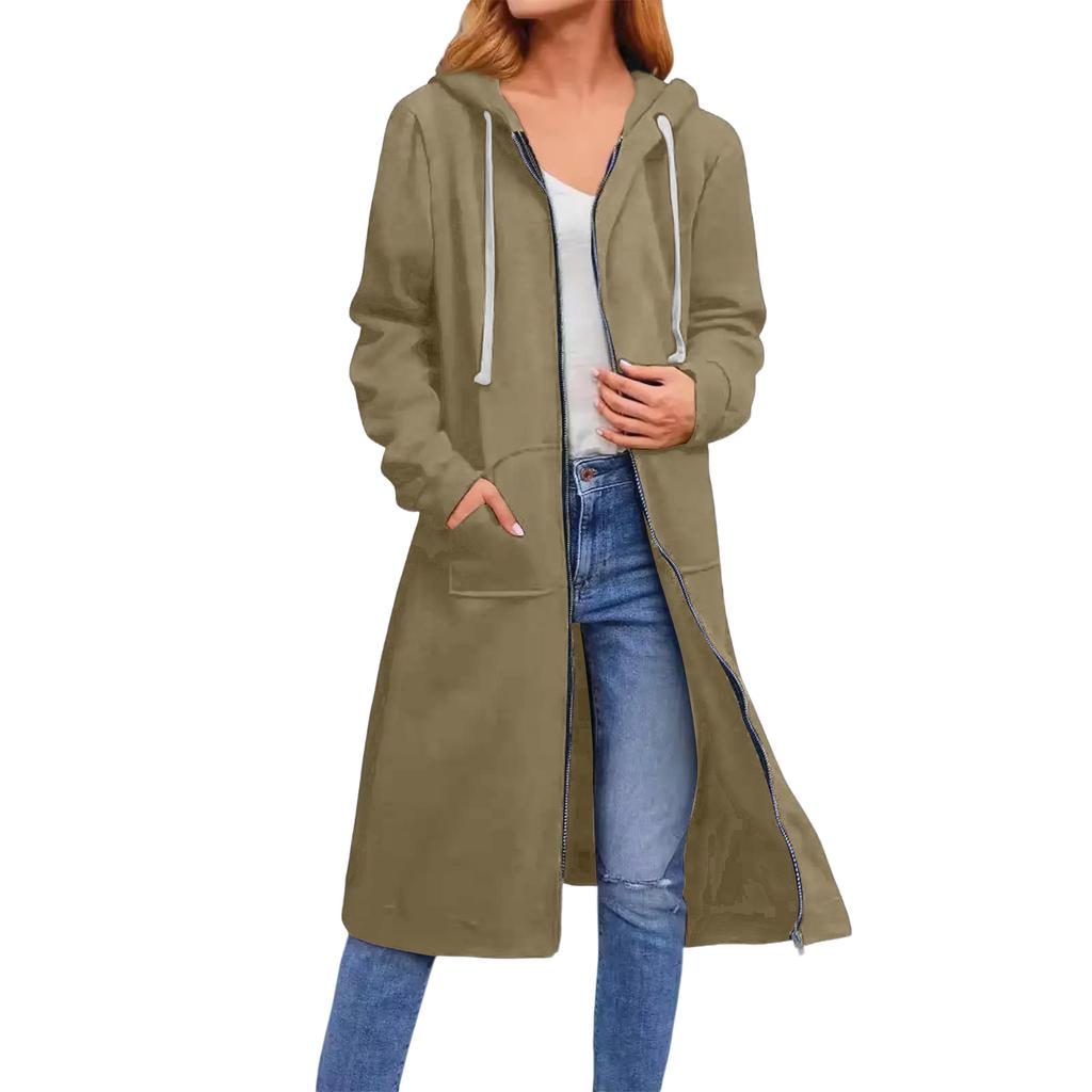 Women's Solid Color Fashionable Loose Zipper Long Cardigan Hooded Sweatshirt Jacket