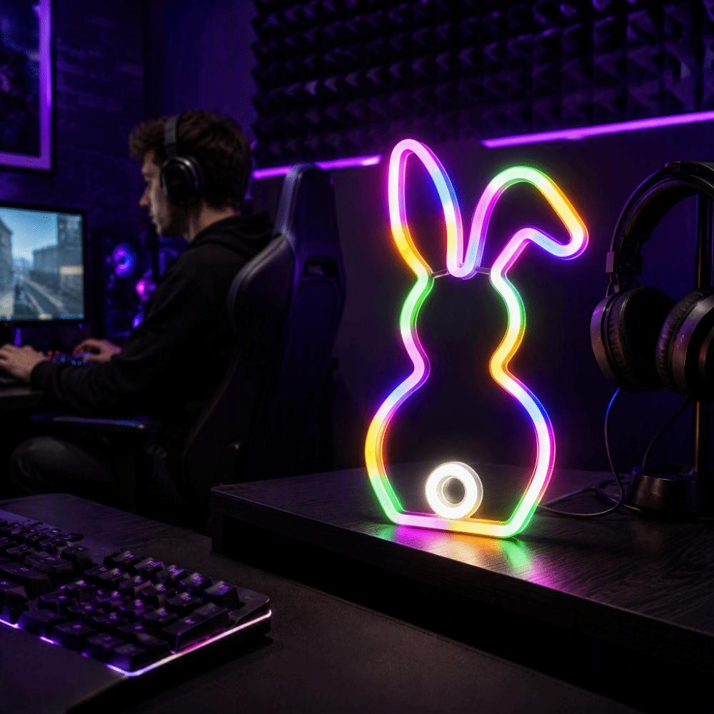 USB Battery Powered Bunny Neon Sign Bicolor LED Bunny Night Light Easter Bunny Sign For Club