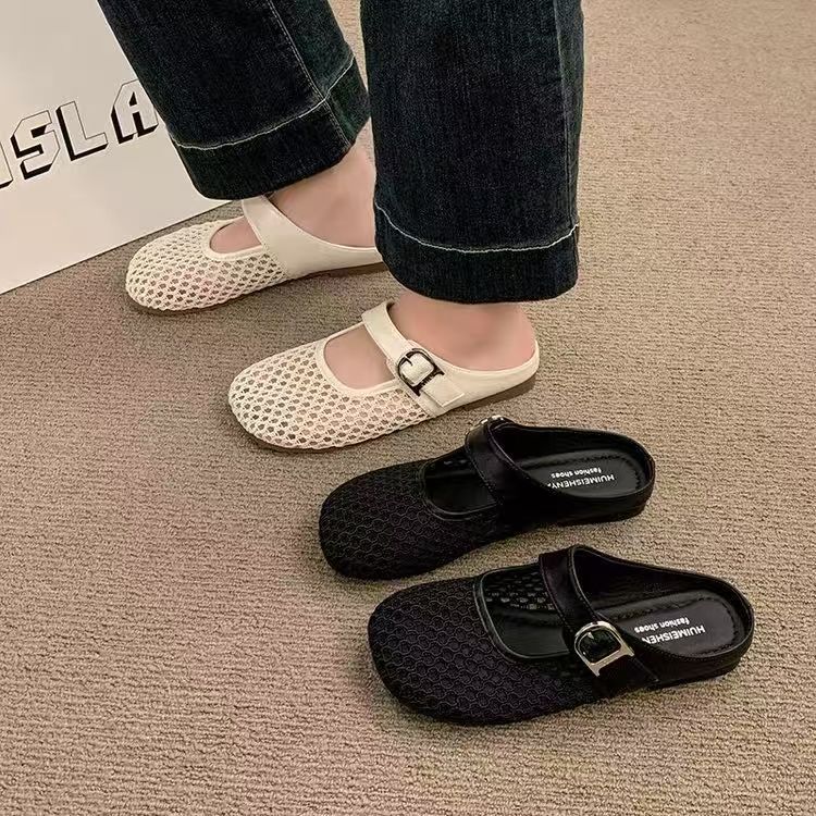 French hollow woven one-word buckle Roman sandals new round head flat bottom Mary Jane hole shoes