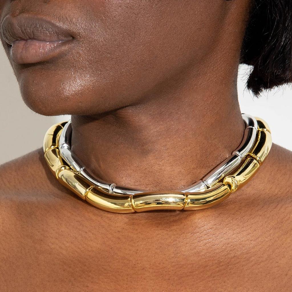 Fashionable Minimalist Metal Texture Geometric Elements Round Tube Short Necklace for Women's Jewelry Hip-Hop Punk Style Choker Necklace