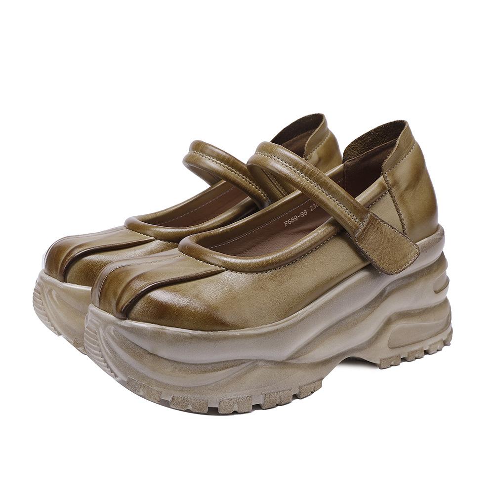 

Туфли Johnature Retro Wedges Shoes из натуральной кожи на толстой подошве, женские туфли-лодочки с круглым носком и платформой ручной работы 39 хаки