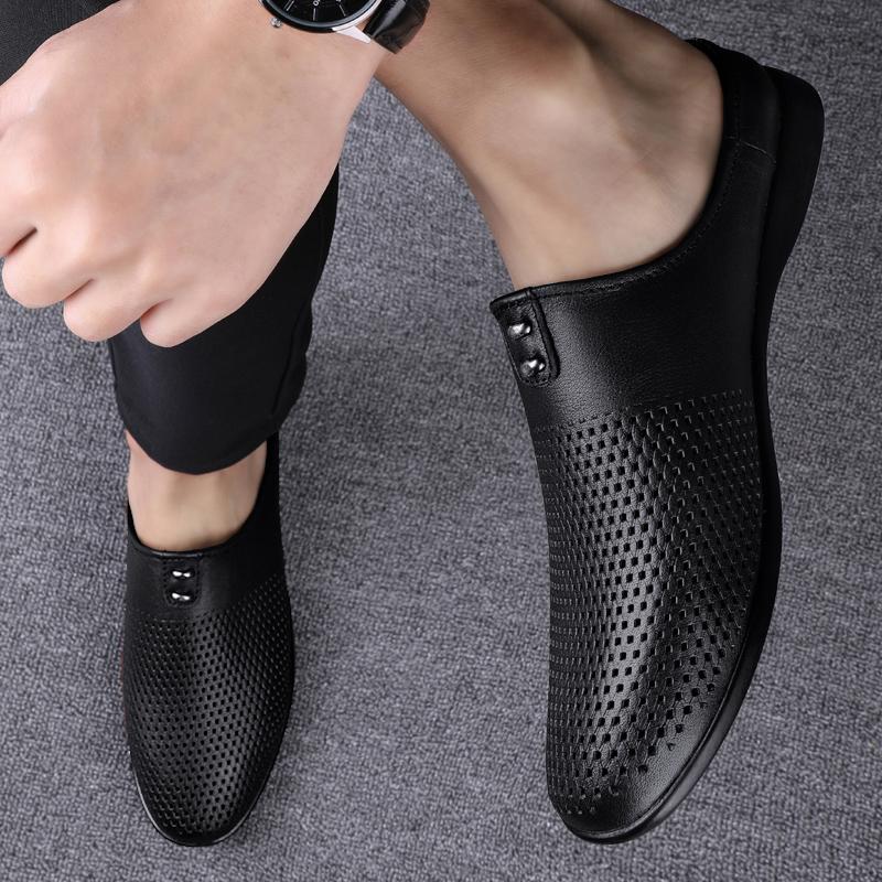 Fashion Luxury Brand Men Slippers Genuine Leather Half Drag Casual Shoes High Quality Slip on Loafers Breathable Summer Perforated Shoes