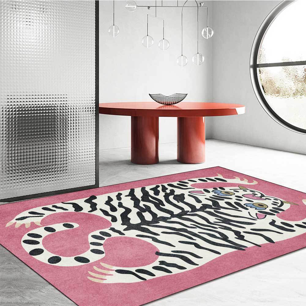 Cute Cartoon Imitation Tiger Skin Rug Morandi Colors Rice White Turmeric Pink Green for Living Room Bedroom Floor Mat