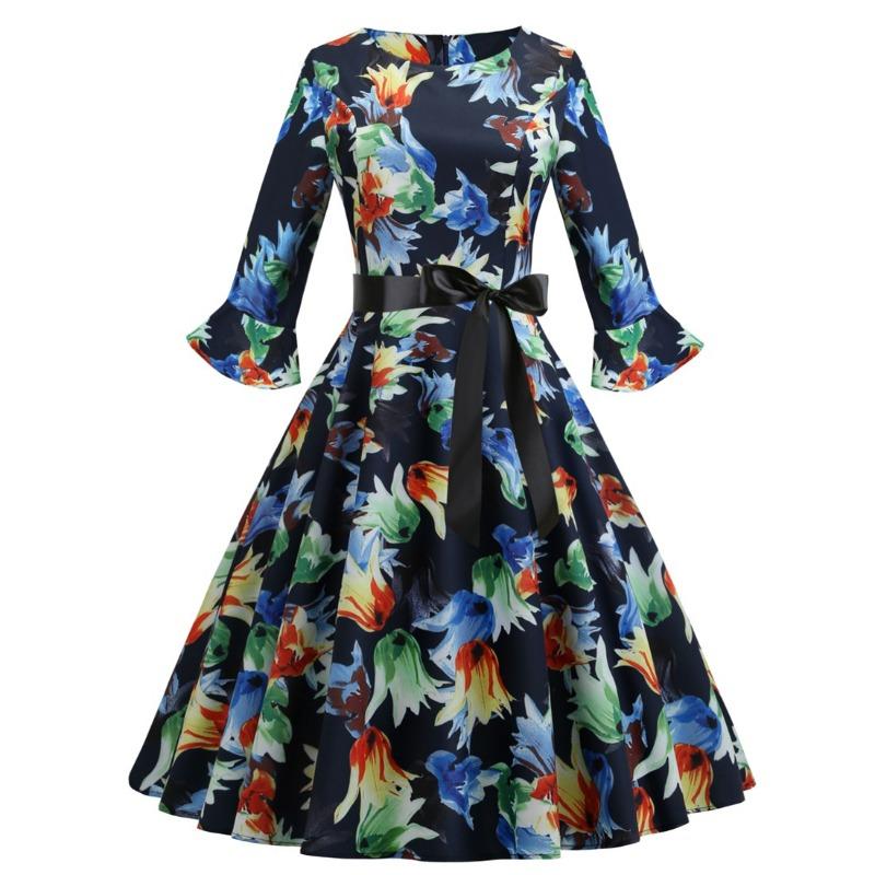 

Women s large-size retro dress, winter round neck lotus leaf sleeve flower print swing dress XXL