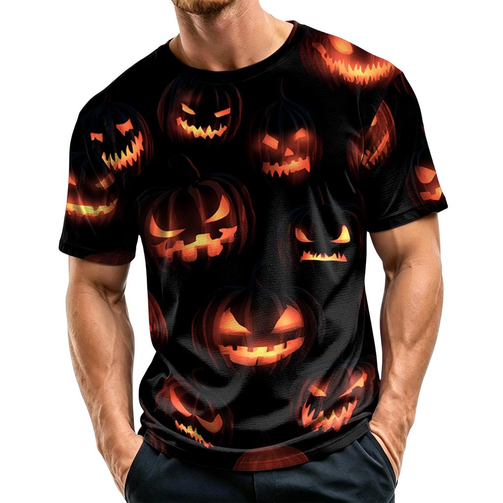 Men's Casual Short Sleeve T-Shirt Lightweight Breathable Fabric Crew Neck Halloween Pumpkin Print Comfortable Fit