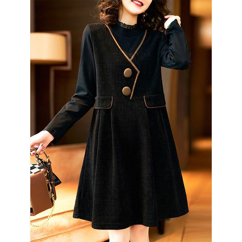 Women s Slimming Spring Outerwear: Stylish Fake Two-Piece Dress for Plus-Size L (100-120 lbs)
