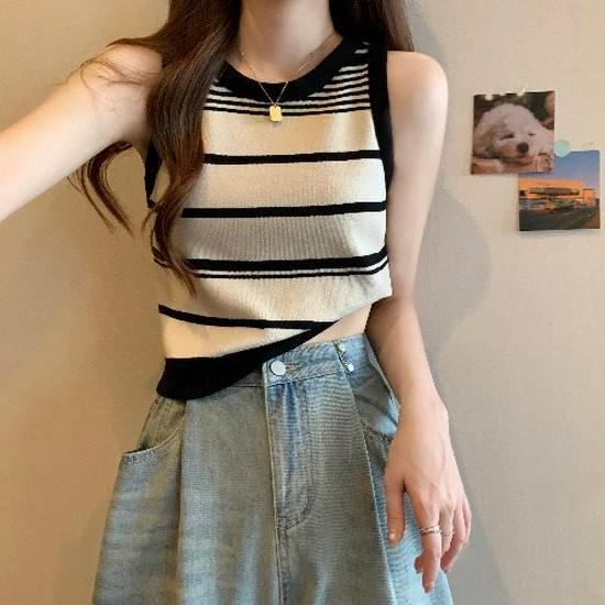 Women's French Retro Striped Knitted Tank Top - Color Block Sleeveless Base Shirt