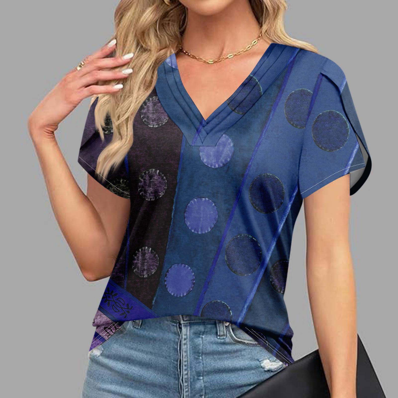 

Блузки для женщин, нарядные повседневные, модные футболки с короткими рукавами и ретро-принтом, уникальный дизайн, большие футболки с v-образным вырезом L темно-синий