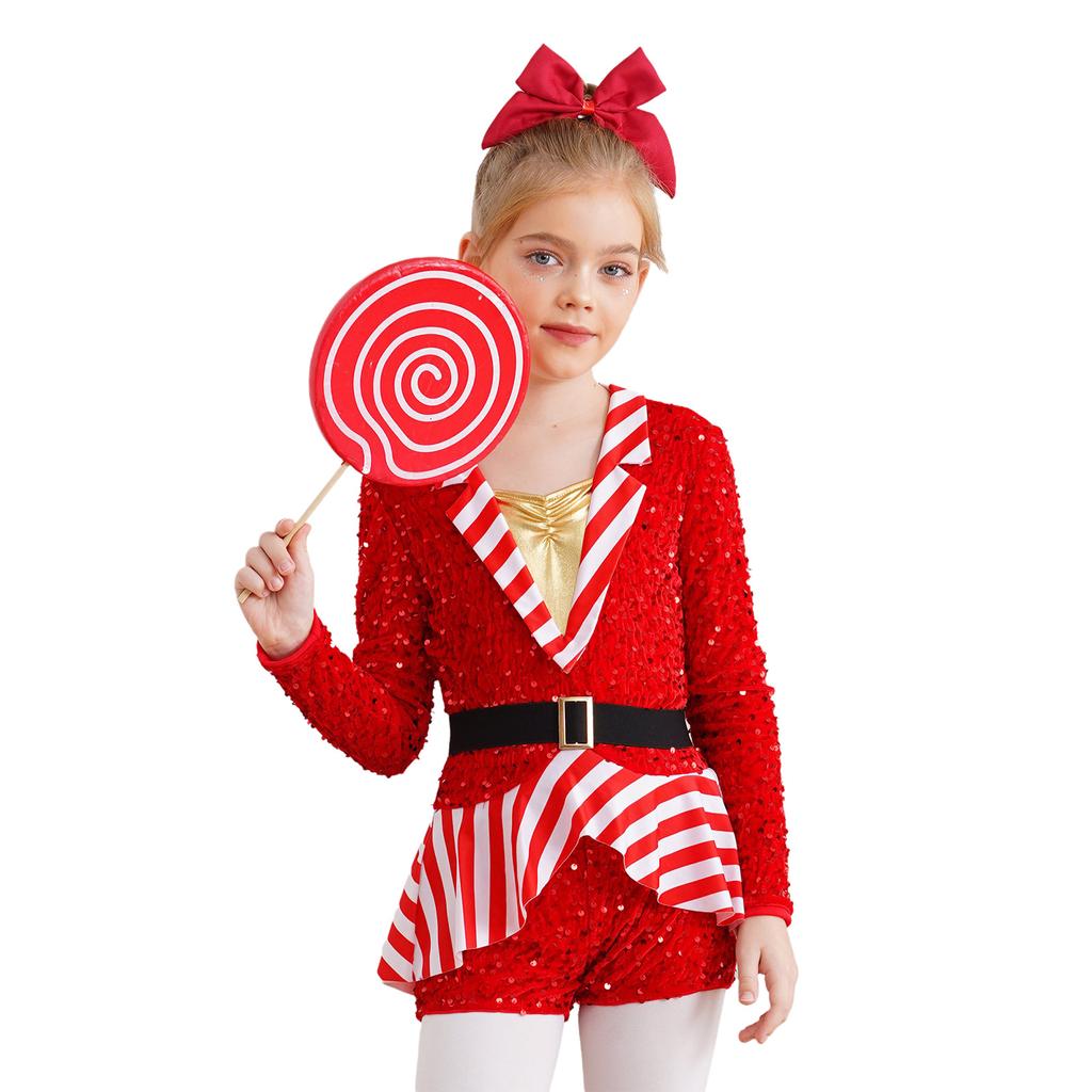 Kids Girls Candy Cane Striped Sequins Ballet Dance Shorty Unitard Dress Christmas Costume Moden Jazz Latin Performance Dancewear