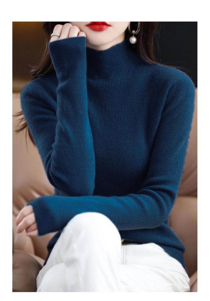 Women's Pure Wool Long Sleeve Pullover Sweater with Half-High Neck - Solid Color, Base Layer for Autumn and Winter