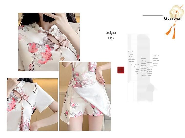 Elastic Floral Cheongsam Dress Set for Young Women